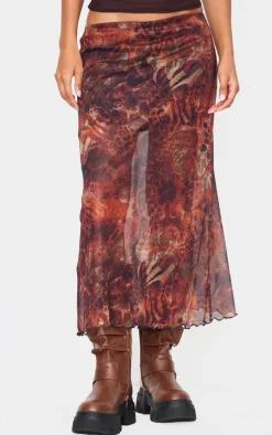 Brown Leopard Print Asymmetric Hem Mesh Midi Skirt