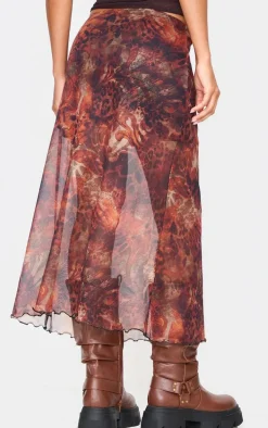 Brown Leopard Print Asymmetric Hem Mesh Midi Skirt