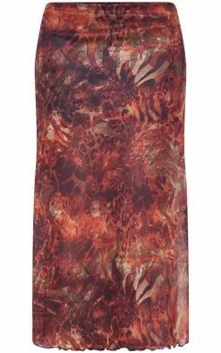 Brown Leopard Print Asymmetric Hem Mesh Midi Skirt