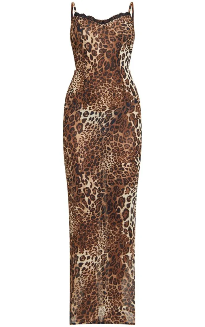 Brown Leopard Print Chiffon Lace Trim Strappy Maxi Dress