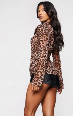 Brown Leopard Print Chiffon Fitted Long Sleeve Shirt