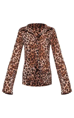 Brown Leopard Print Chiffon Fitted Long Sleeve Shirt