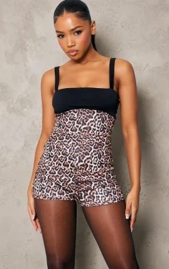 Brown Leopard Print Contrast Strappy Unitard