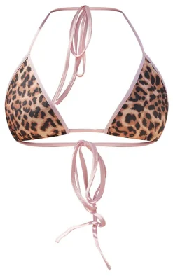 Brown Leopard Print Contrast Binding Triangle Bikini Top