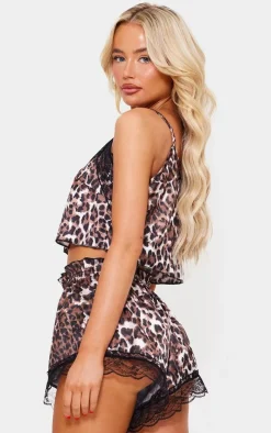 Brown Leopard Print Cropped Lace Trim Satin Cami And Short Pj Set