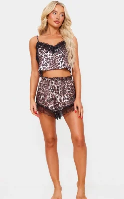 Brown Leopard Print Cropped Lace Trim Satin Cami And Short Pj Set