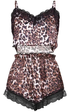 Brown Leopard Print Cropped Lace Trim Satin Cami And Short Pj Set