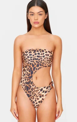 Brown Leopard Print Cut Out O Ring Trim Detail Swimsuit