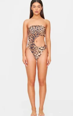 Brown Leopard Print Cut Out O Ring Trim Detail Swimsuit
