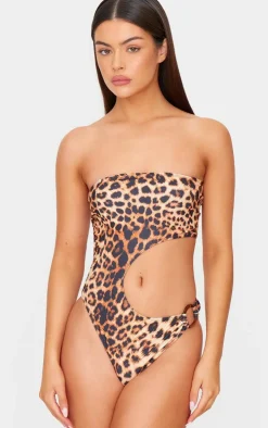 Brown Leopard Print Cut Out O Ring Trim Detail Swimsuit