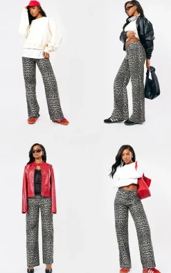 Brown Leopard Print Denim Wide Leg Denim Jean