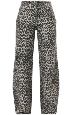Brown Leopard Print Denim Wide Leg Denim Jean