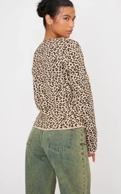 Brown Leopard Print Knitted Button Up V Neck Cardigan