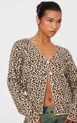 Brown Leopard Print Knitted Button Up V Neck Cardigan