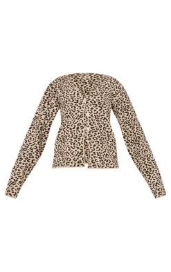 Brown Leopard Print Knitted Button Up V Neck Cardigan