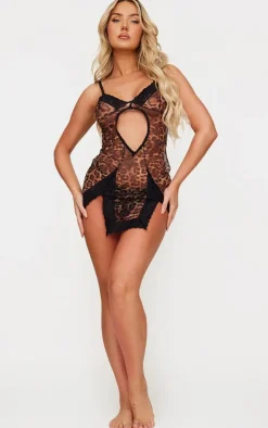 Brown Leopard Print Lace Trim Cut Out Slip Dress