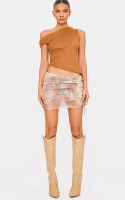 Brown Leopard Print Mesh Ruched Micro Mini Skirt