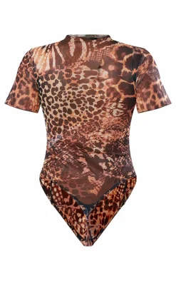 Brown Leopard Print Mesh Exposed Seam Bodysuit