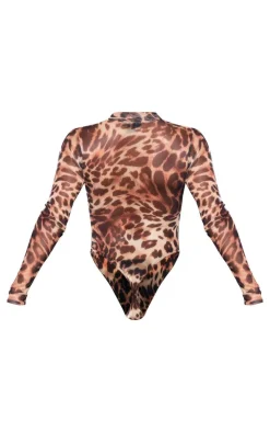 Brown Leopard Print Mesh High Neck Bodysuit