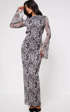 Brown Leopard Print Mesh Long Sleeve Maxi Dress