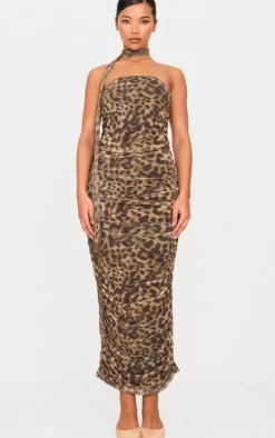 Brown Leopard Print Mesh Bandeau Scarf Maxi Dress