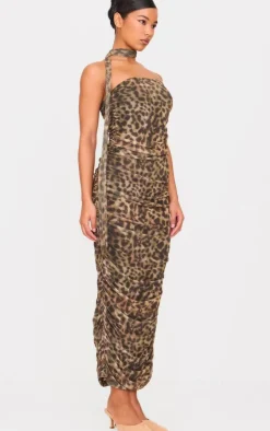 Brown Leopard Print Mesh Bandeau Scarf Maxi Dress