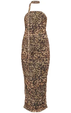 Brown Leopard Print Mesh Bandeau Scarf Maxi Dress