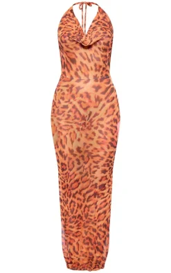 Brown Leopard Print Plunge Open Back Beach Dress