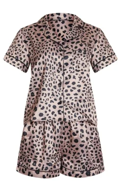 Brown Leopard Print Satin Short Pj Set