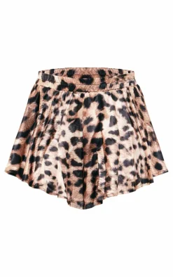 Brown Leopard Print Satin Floaty Shorts