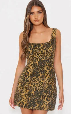 Brown Leopard Print Seam Detail Mini Dress