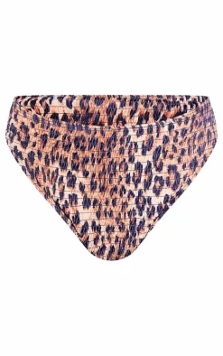 Brown Leopard Print Shirred High Waist Bikini Bottoms
