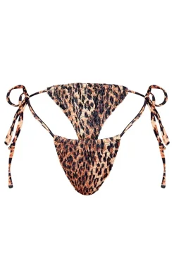 Brown Leopard Print Shirred Tie Side Bikini Bottoms