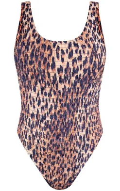 Brown Leopard Print Shirred Backless Swimsuit