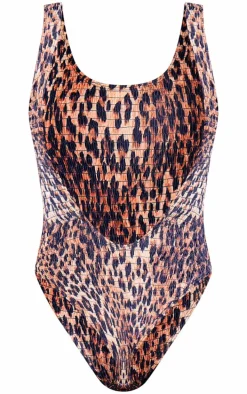 Brown Leopard Print Shirred Backless Swimsuit
