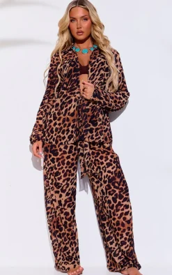 Brown Leopard Print Wide Leg Beach Pants