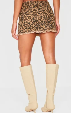 Brown Leopard Print Zip Front Denim Mini Skirt