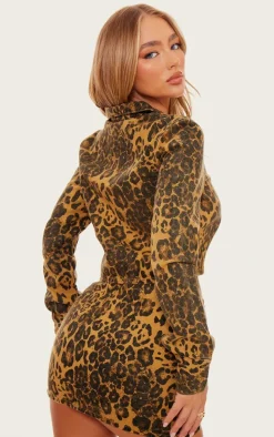 Brown Leopard Print Zip Up Long Sleeved Denim Shirt