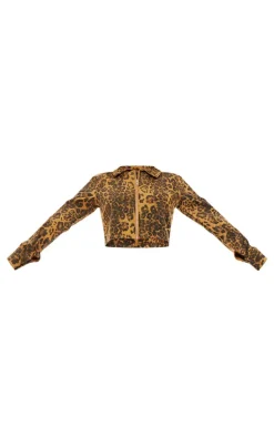 Brown Leopard Print Zip Up Long Sleeved Denim Shirt