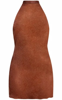 Brown Mesh Lurex Mini Beach Dress