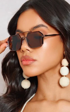 Brown Metal Thick Frame Aviator Sunglasses