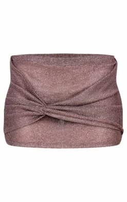 Brown Metallic Knit Knot Detail Mini Skirt