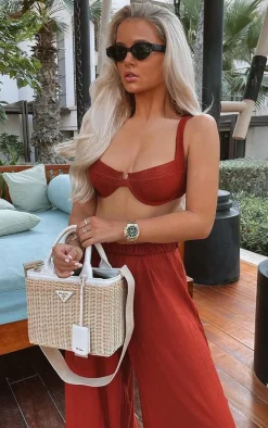 Brown Mini Crinkle Underwired Square Neck Bikini Top