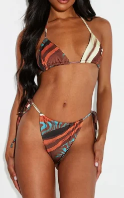 Brown Multi Animal Print Tie Side Bikini Bottoms