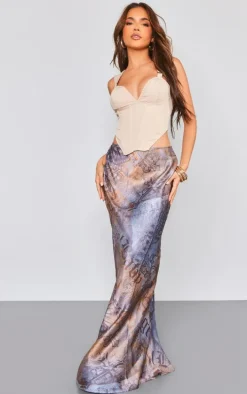 Brown Newspaper Print Satin Basic Maxi Skirt