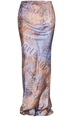 Brown Newspaper Print Satin Basic Maxi Skirt