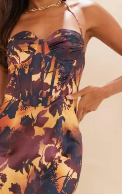 Brown Ombre Floral Print Satin Ruched Corset Halterneck Midaxi Dress