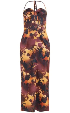 Brown Ombre Floral Print Satin Ruched Corset Halterneck Midaxi Dress