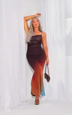 Brown Ombre Mesh Cross Back Maxi Dress