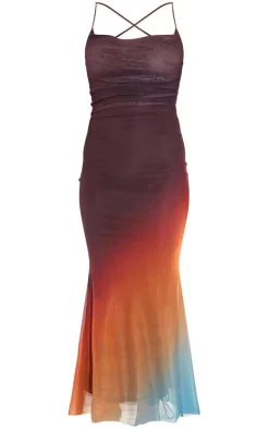 Brown Ombre Mesh Cross Back Maxi Dress